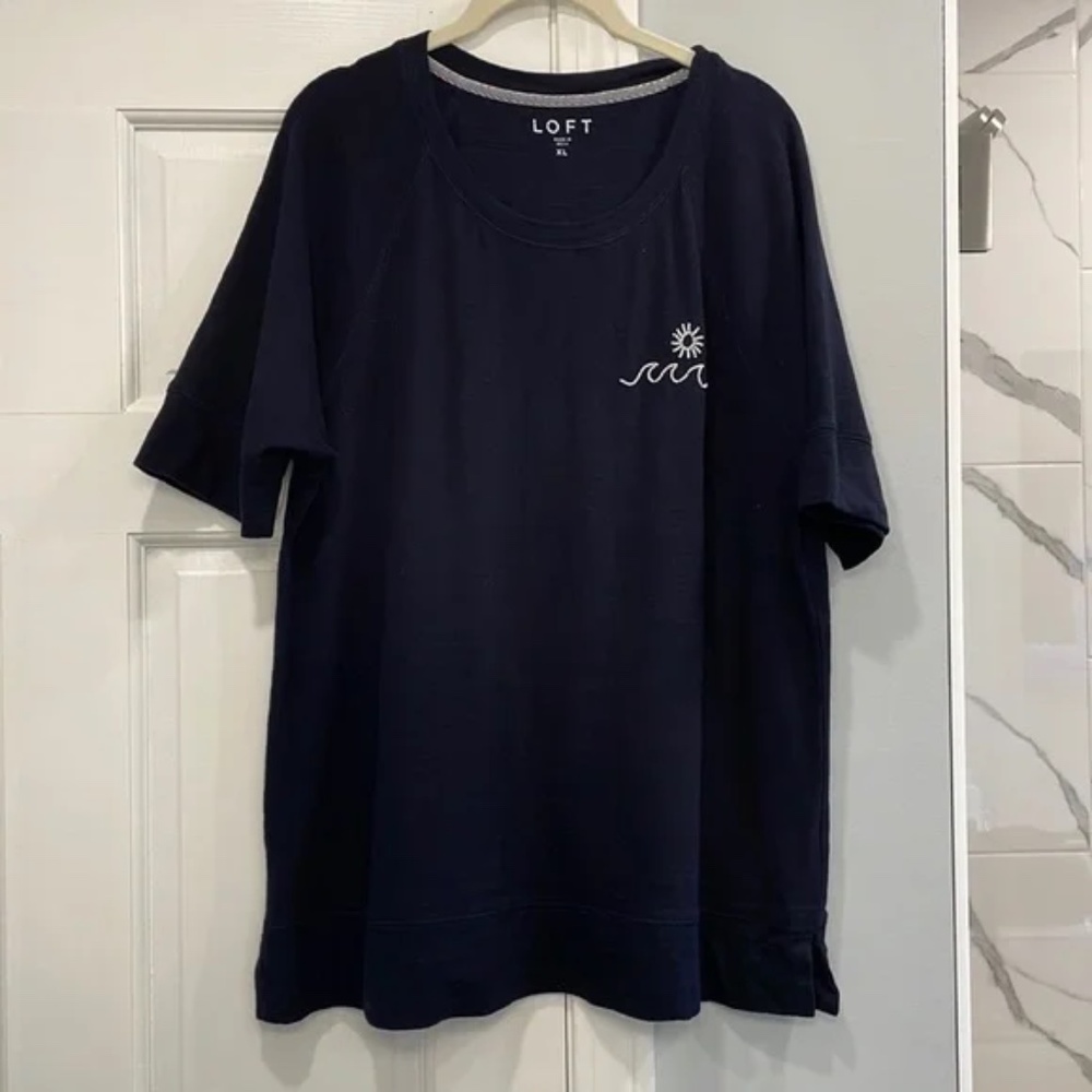 LOFT Heavy-Weight Half-Sleeve White Beaded Sun and Wave Navy Blue Shirt